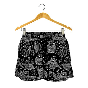 Black And White Owl Pattern Print Women's Shorts