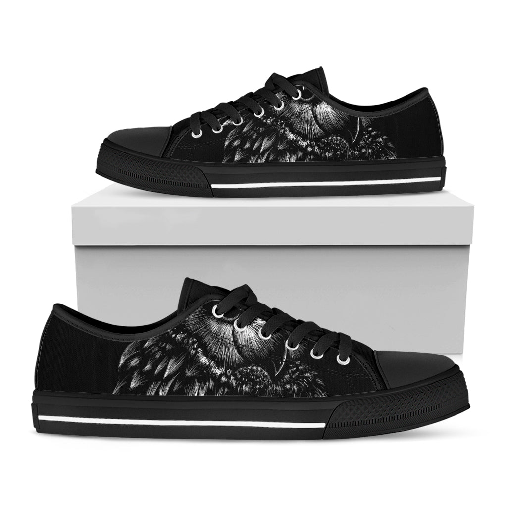 Black And White Owl Print Black Low Top Shoes 