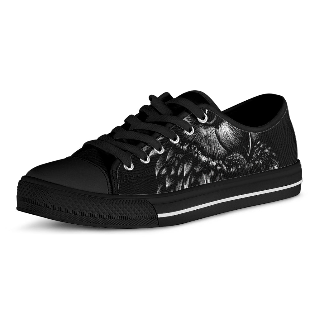 Black And White Owl Print Black Low Top Shoes 