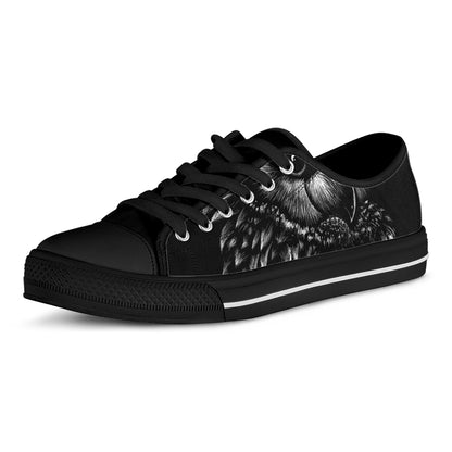 Black And White Owl Print Black Low Top Shoes 