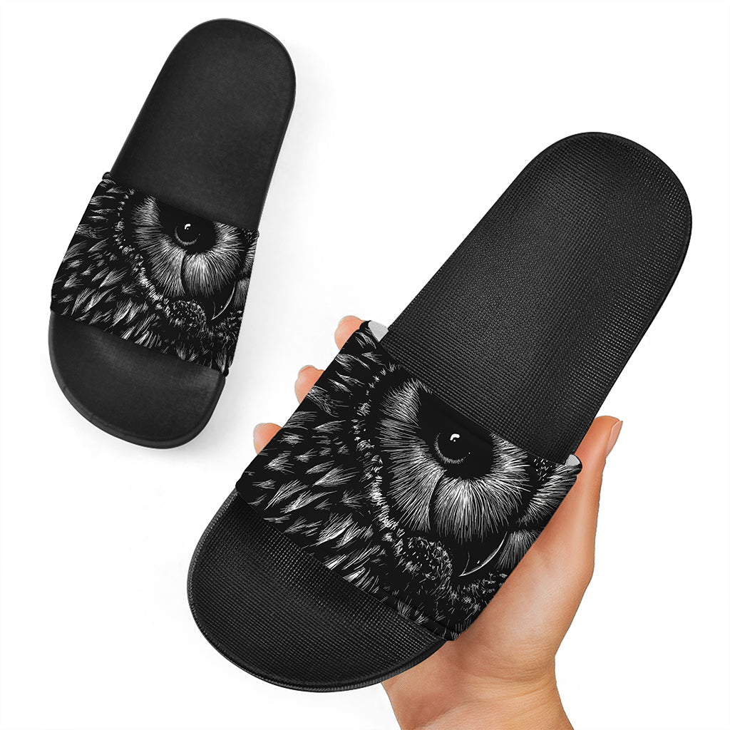 Black And White Owl Print Black Slide Sandals