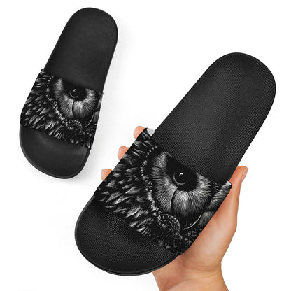 Black And White Owl Print Black Slide Sandals