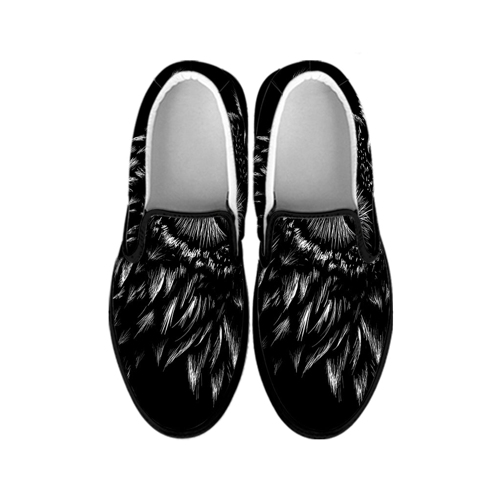 Black And White Owl Print Black Slip On Shoes