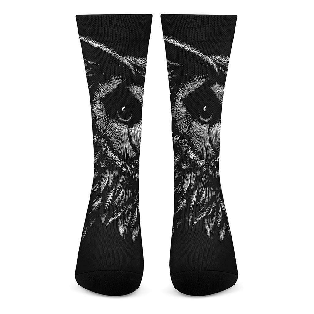 Black And White Owl Print Crew Socks