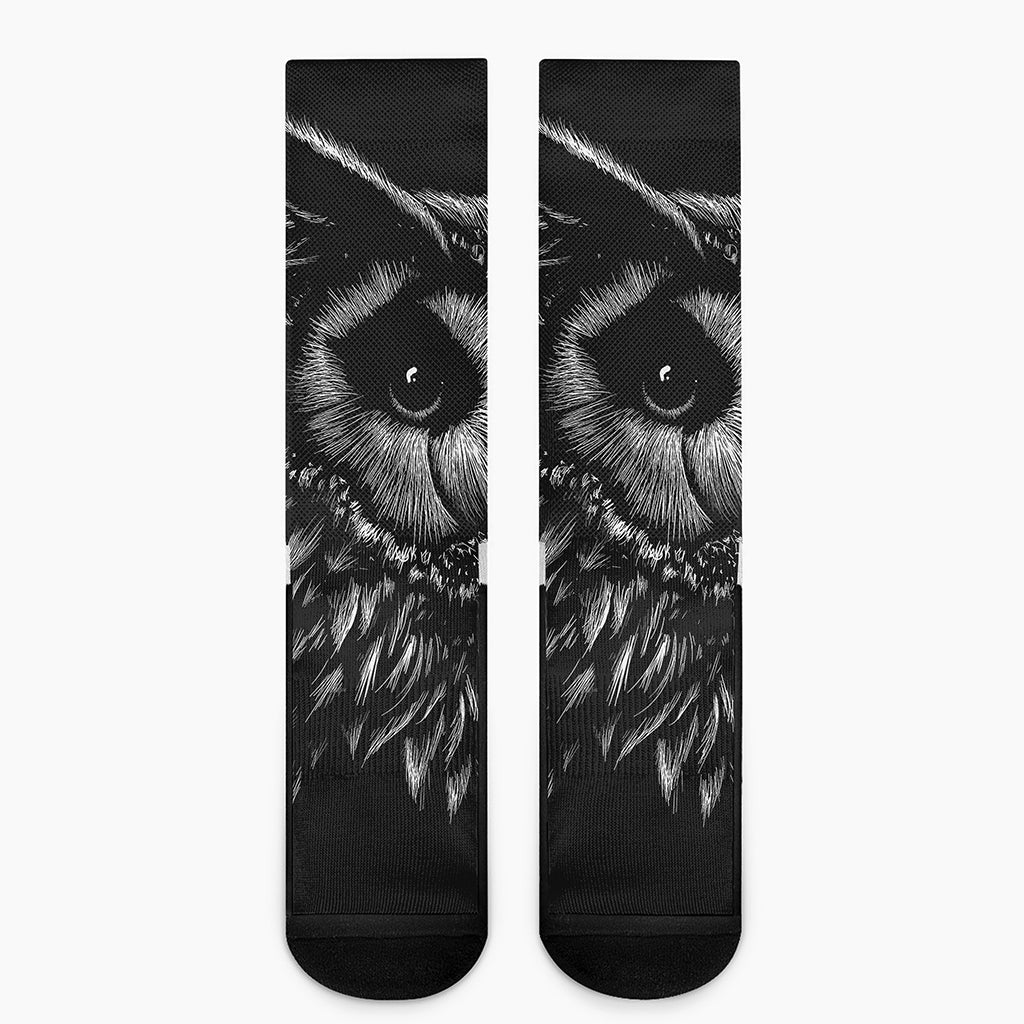 Black And White Owl Print Crew Socks