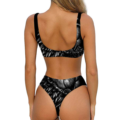 Black And White Owl Print Front Bow Tie Bikini