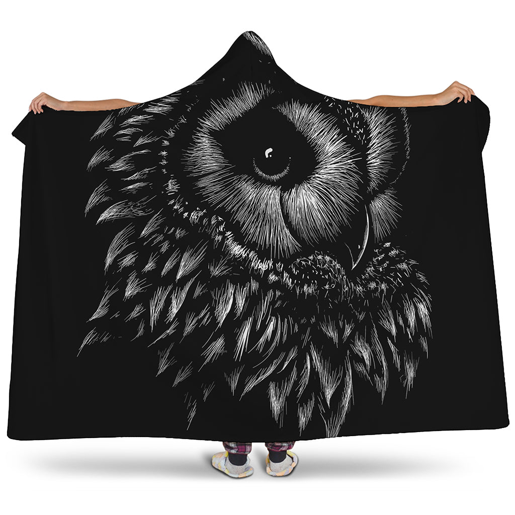 Black And White Owl Print Hooded Blanket