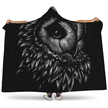 Black And White Owl Print Hooded Blanket