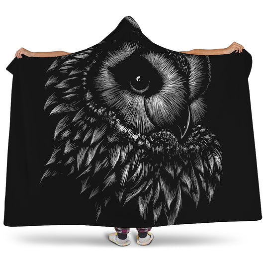 Black And White Owl Print Hooded Blanket