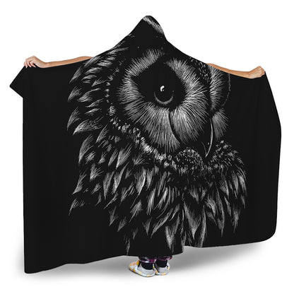 Black And White Owl Print Hooded Blanket