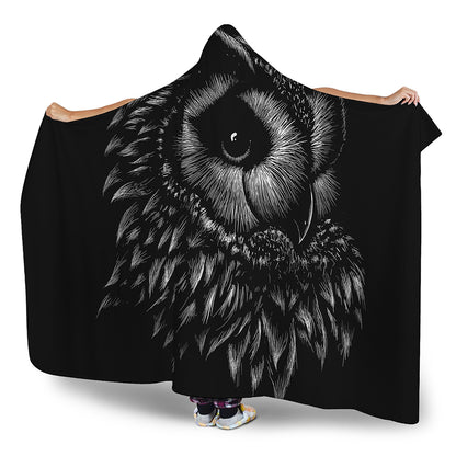 Black And White Owl Print Hooded Blanket