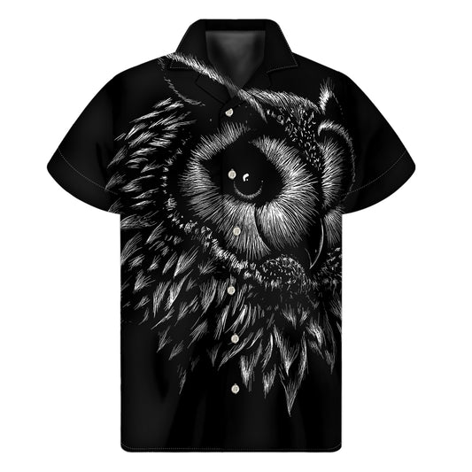 Black And White Owl Print Men's Short Sleeve Shirt