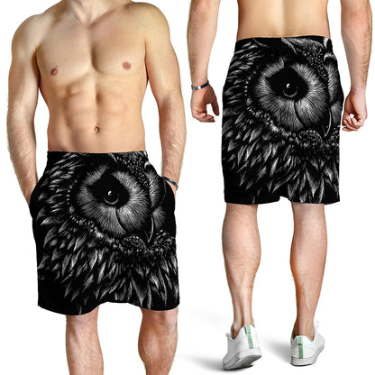 Black And White Owl Print Men's Shorts