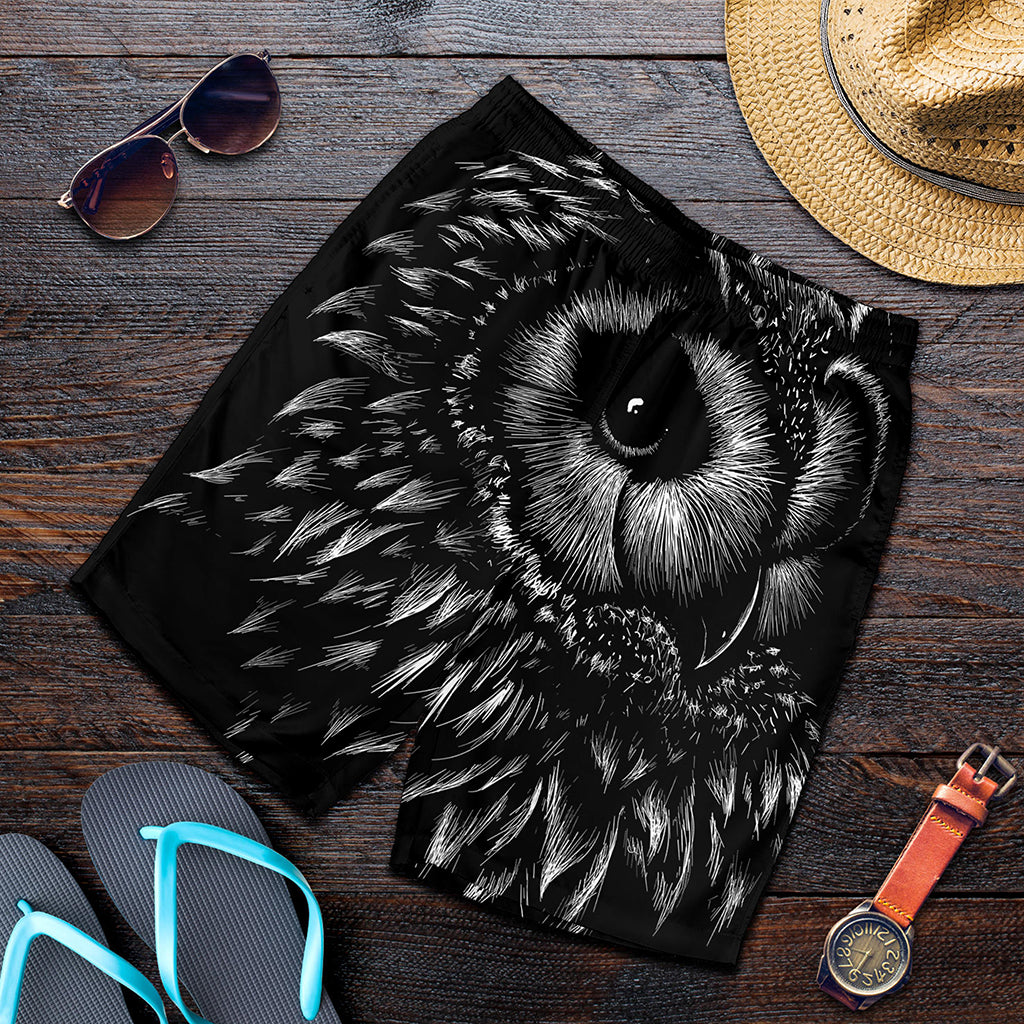 Black And White Owl Print Men's Shorts