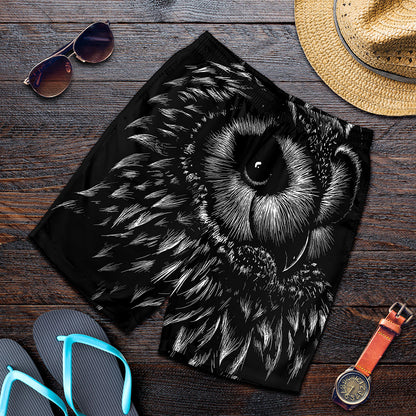Black And White Owl Print Men's Shorts