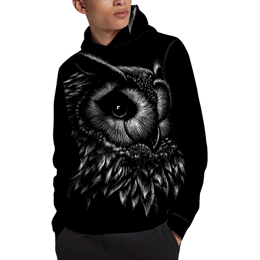 Black And White Owl Print Pullover Hoodie