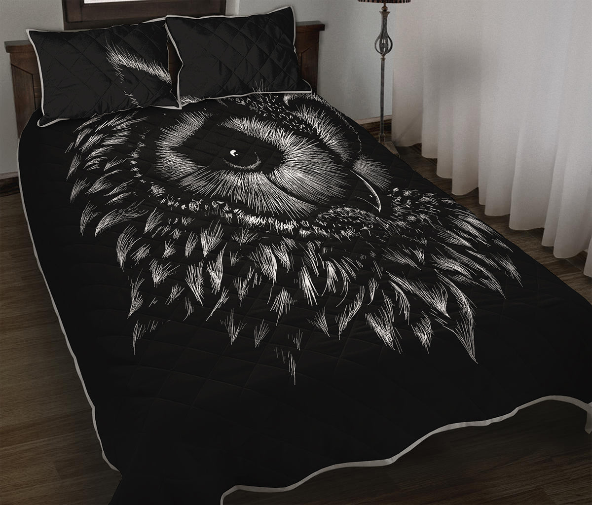 Black And White Owl Print Quilt Bed Set