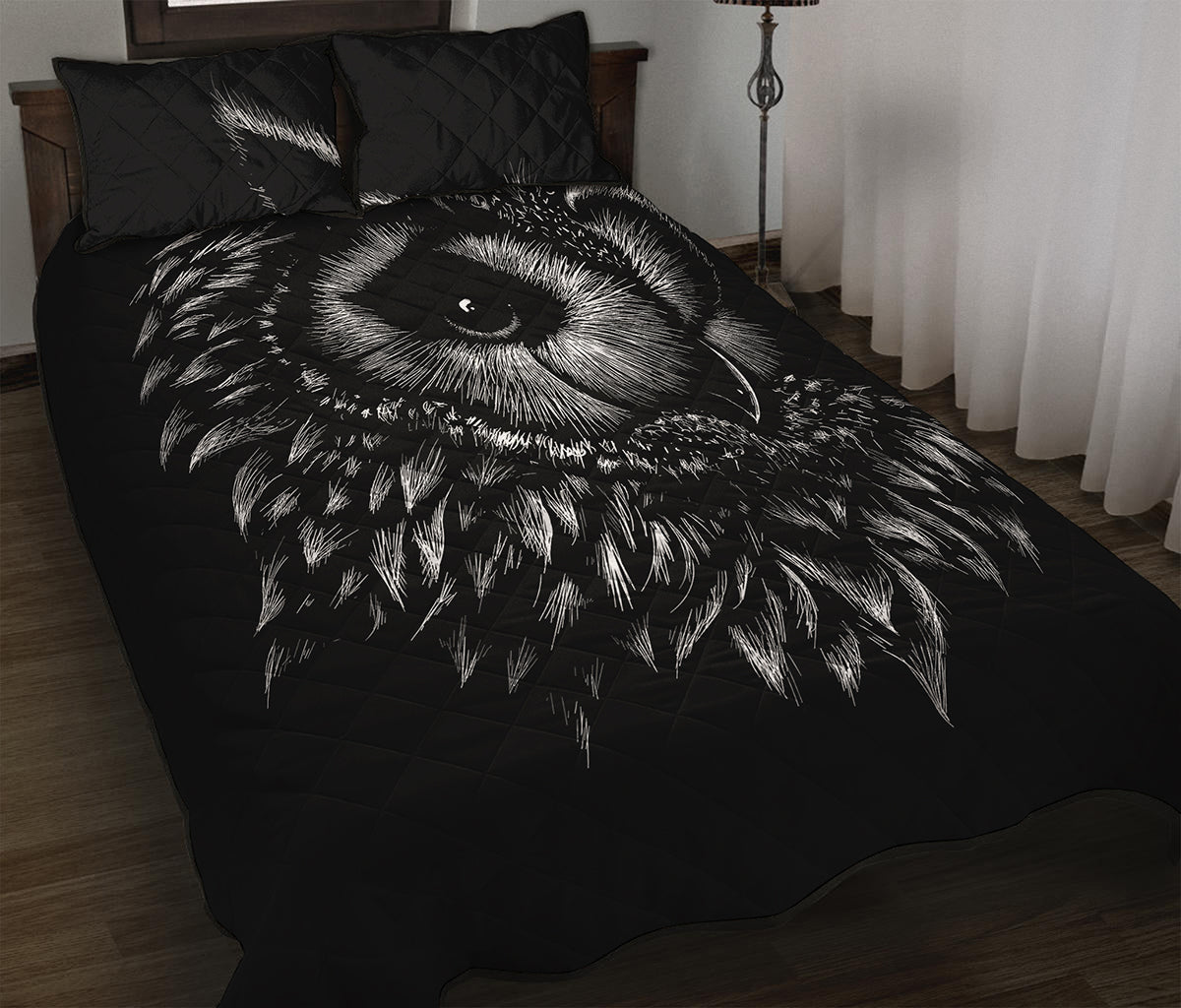 Black And White Owl Print Quilt Bed Set