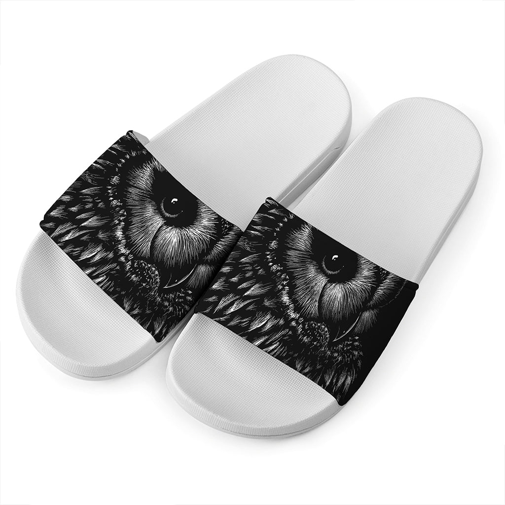 Black And White Owl Print White Slide Sandals