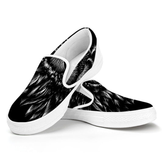 Black And White Owl Print White Slip On Shoes