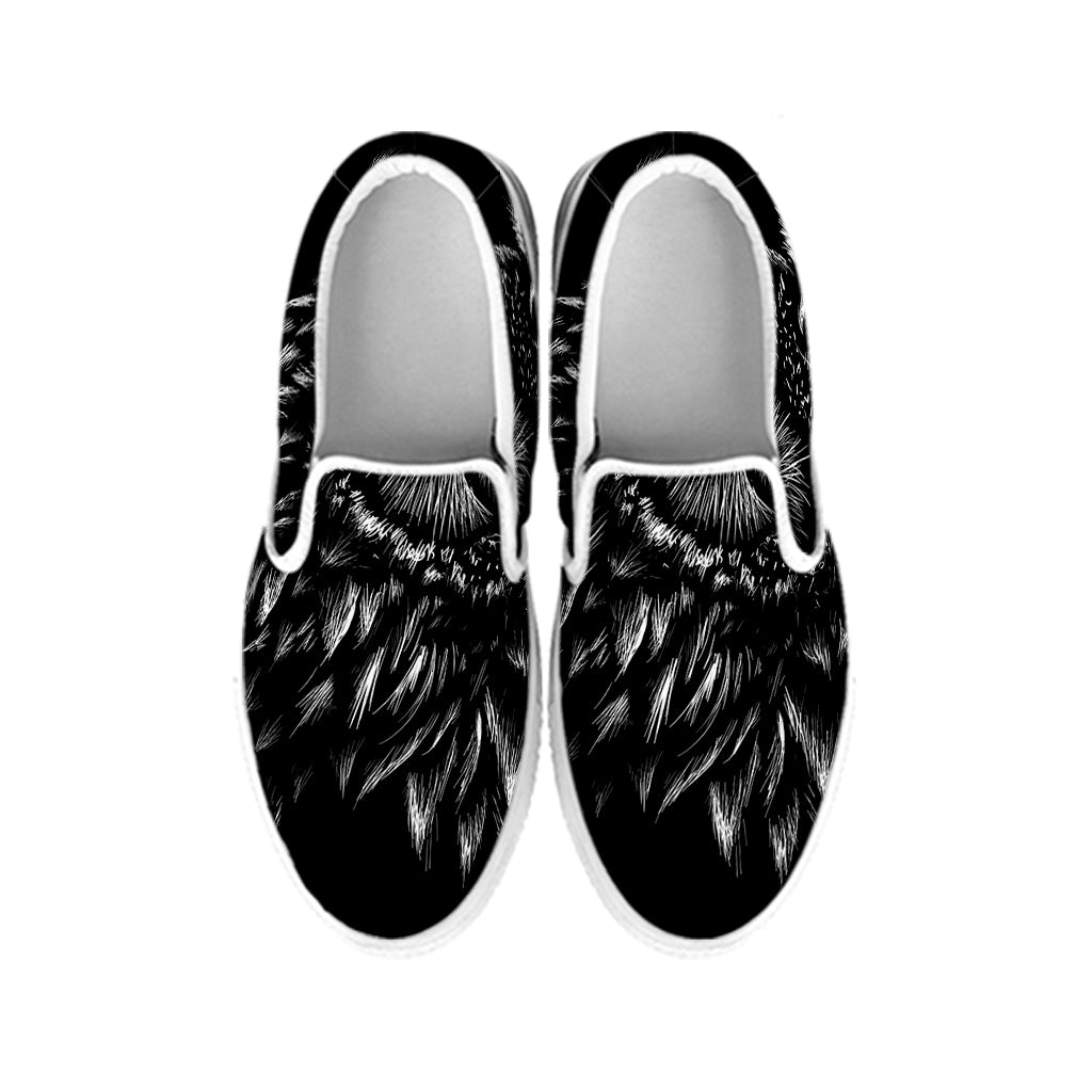 Black And White Owl Print White Slip On Shoes