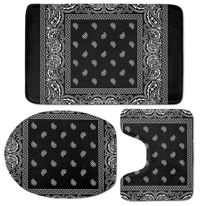 Black And White Paisley Bandana Print 3 Piece Bath Mat Set