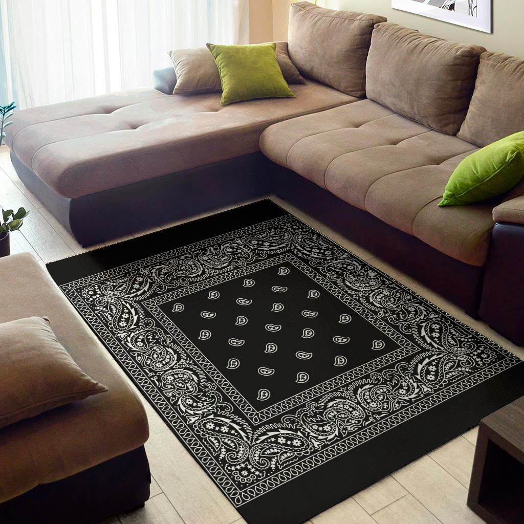 Black And White Paisley Bandana Print Area Rug