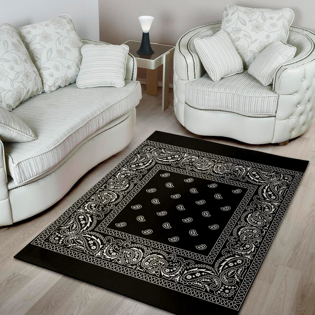 Black And White Paisley Bandana Print Area Rug