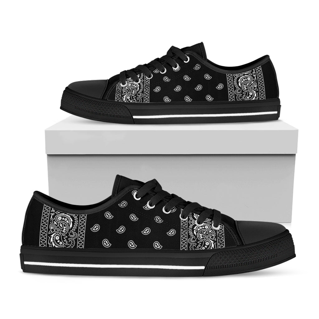 Black And White Paisley Bandana Print Black Low Top Shoes 