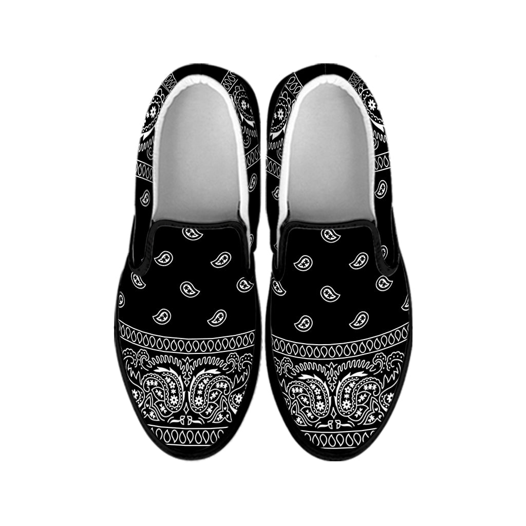 Black And White Paisley Bandana Print Black Slip On Shoes
