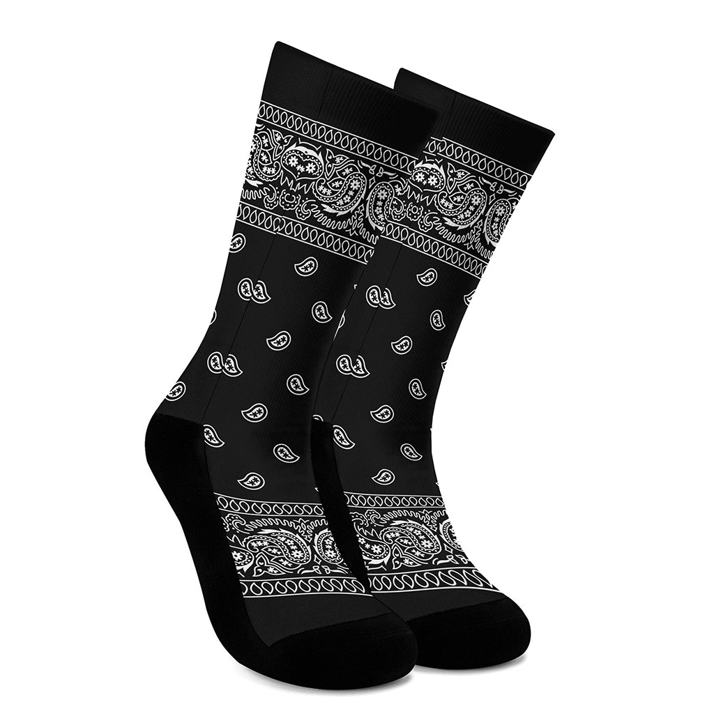 Black And White Paisley Bandana Print Crew Socks