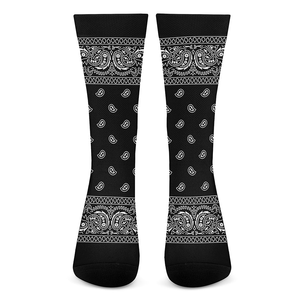 Black And White Paisley Bandana Print Crew Socks