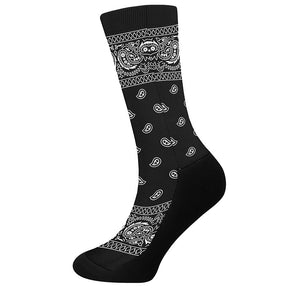 Black And White Paisley Bandana Print Crew Socks