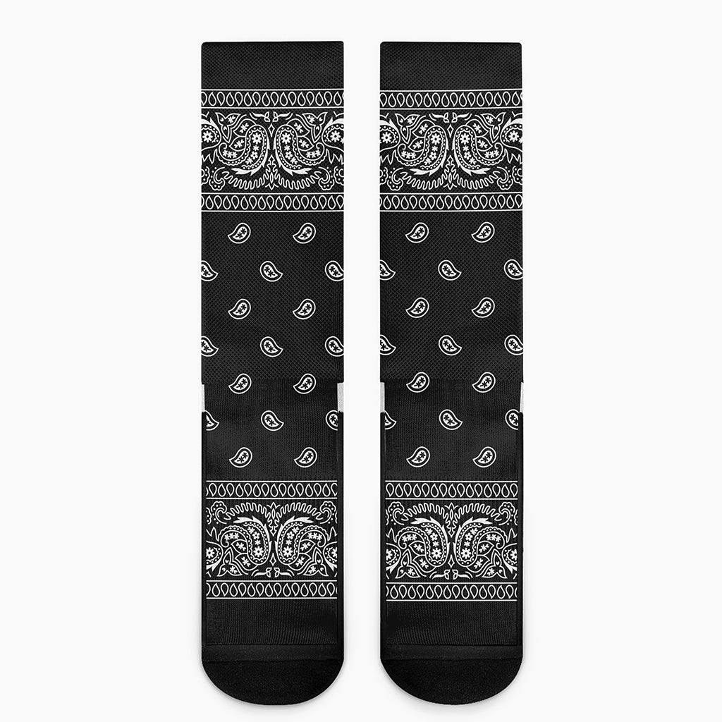 Black And White Paisley Bandana Print Crew Socks