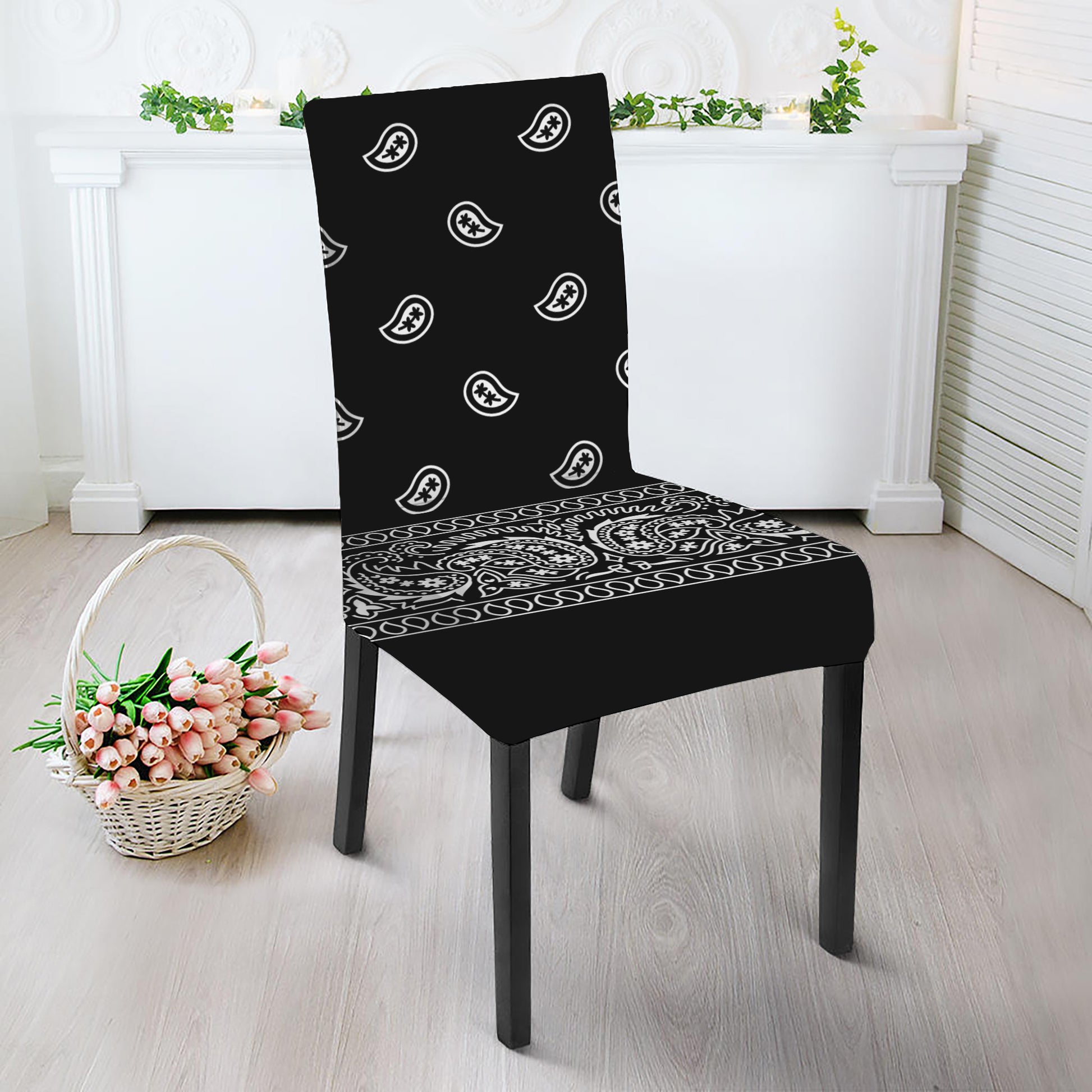 Black And White Paisley Bandana Print Dining Chair Slipcover