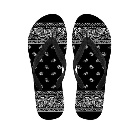 Black And White Paisley Bandana Print Flip Flops