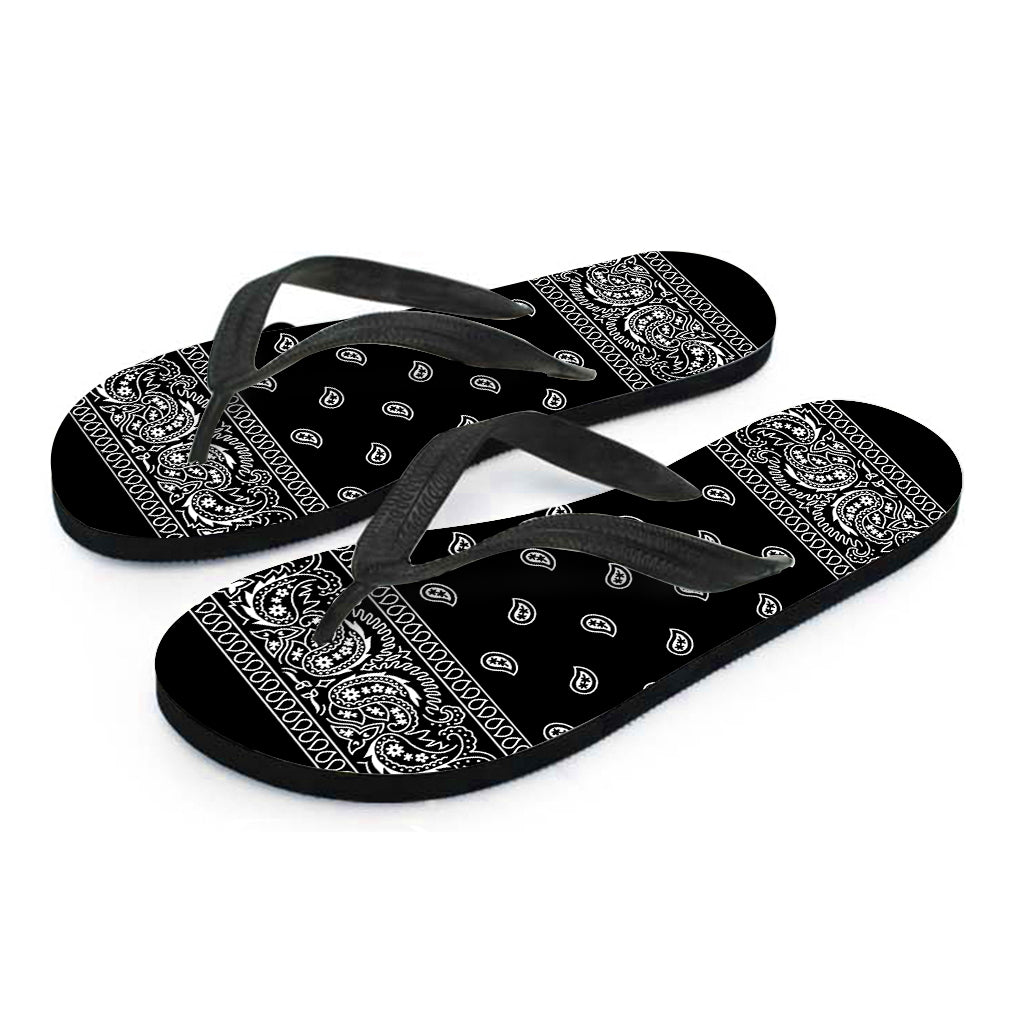 Black And White Paisley Bandana Print Flip Flops
