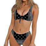 Black And White Paisley Bandana Print Front Bow Tie Bikini