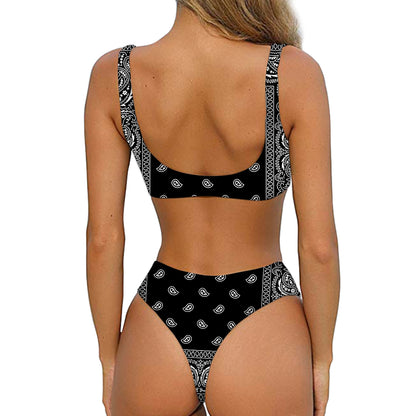Black And White Paisley Bandana Print Front Bow Tie Bikini