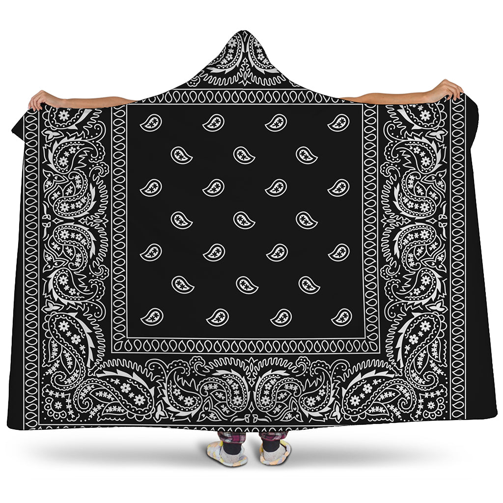 Black And White Paisley Bandana Print Hooded Blanket