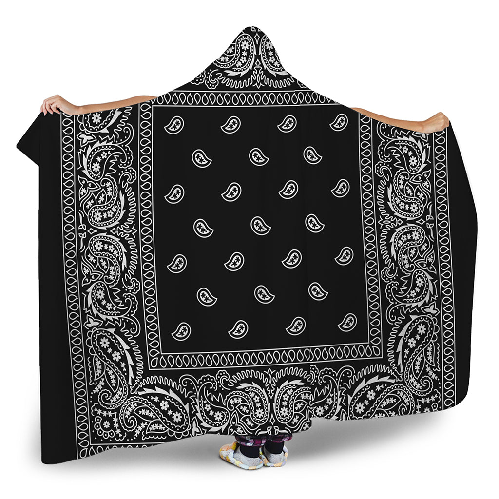 Black And White Paisley Bandana Print Hooded Blanket