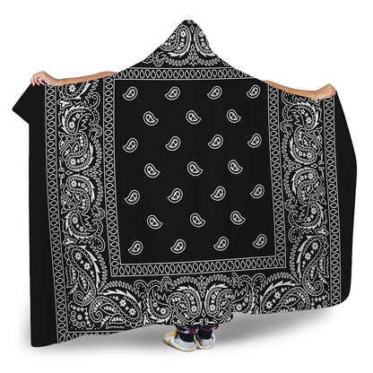 Black And White Paisley Bandana Print Hooded Blanket