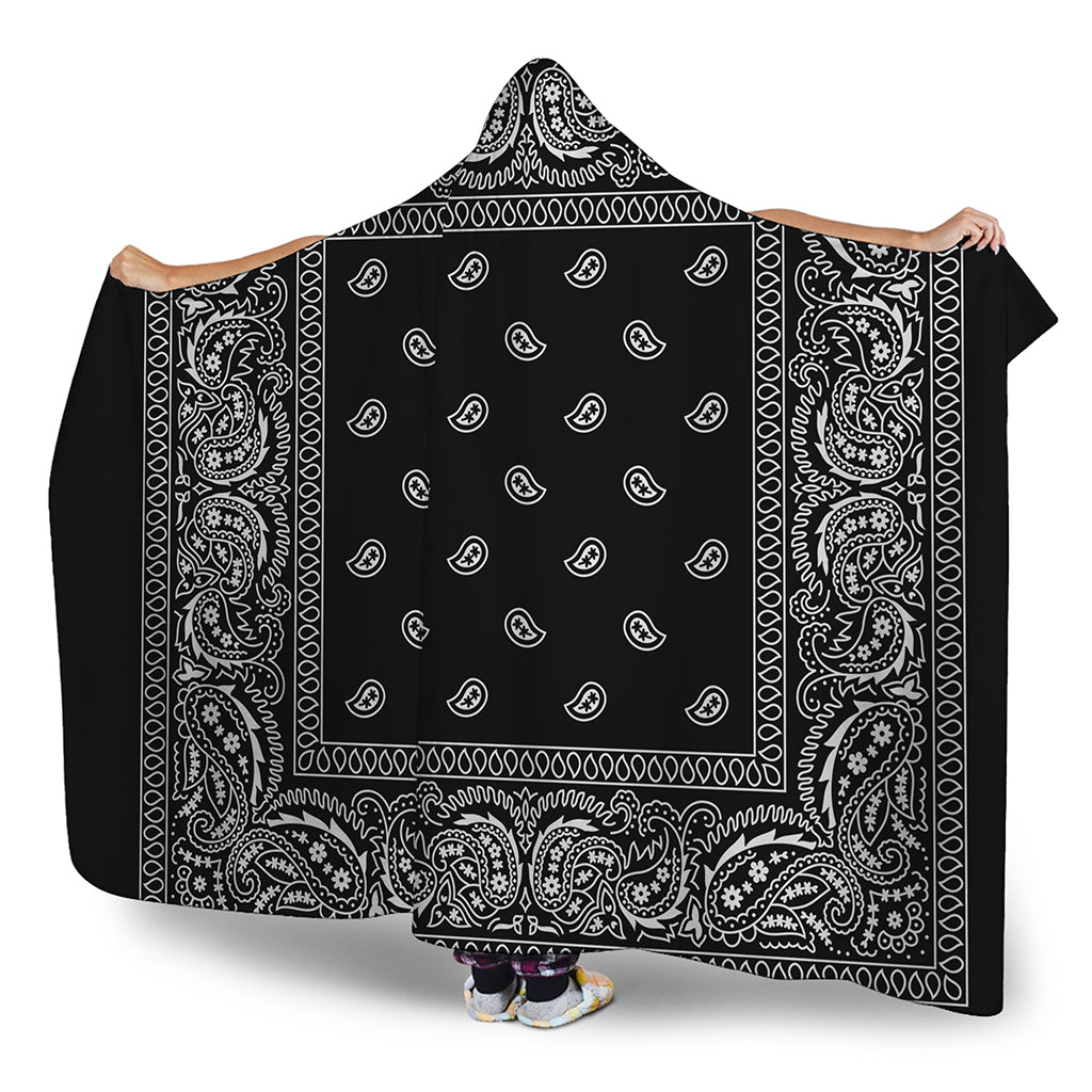 Black And White Paisley Bandana Print Hooded Blanket