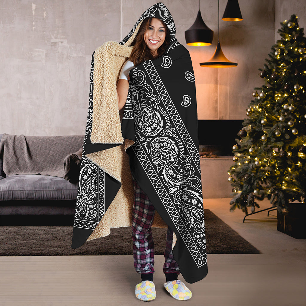 Black And White Paisley Bandana Print Hooded Blanket
