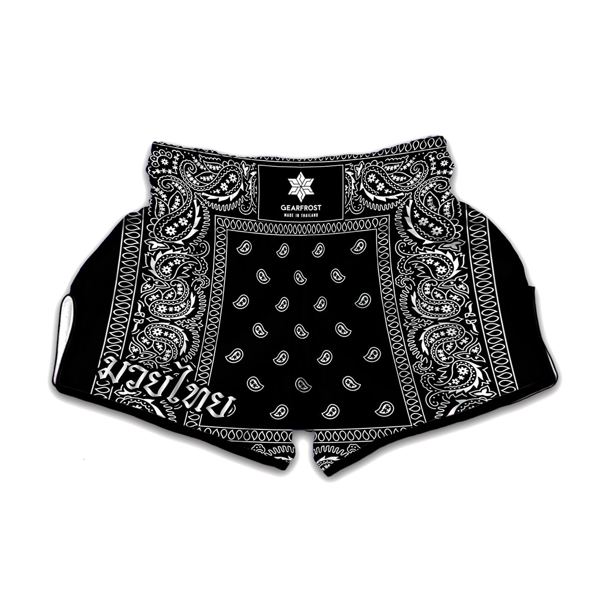 Black And White Paisley Bandana Print Muay Thai Boxing Shorts