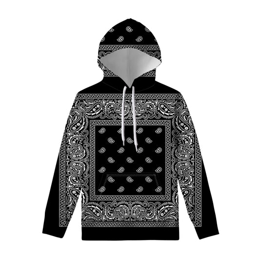 Black And White Paisley Bandana Print Pullover Hoodie