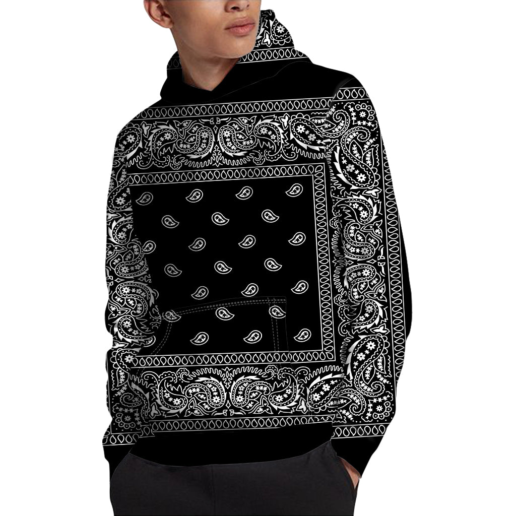 Black And White Paisley Bandana Print Pullover Hoodie