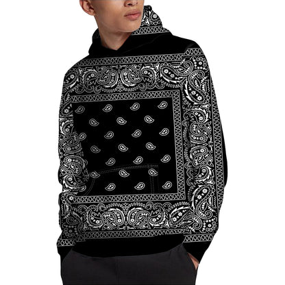 Black And White Paisley Bandana Print Pullover Hoodie