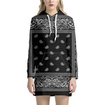 Black And White Paisley Bandana Print Pullover Hoodie Dress