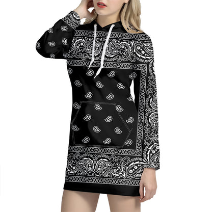 Black And White Paisley Bandana Print Pullover Hoodie Dress